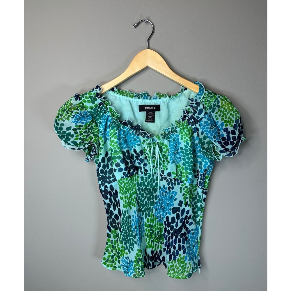 Express Silk Blouse Womens 3/4 Blue Green Abstract Ruffle Puff Sleeve Top